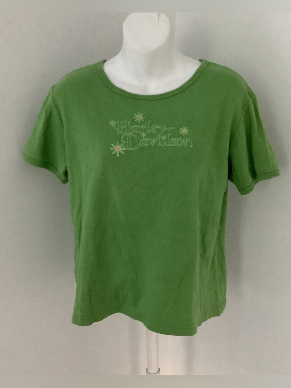 Harley-Davidson Green Short Sleeve Vintage Logo Tee with Floral Accents Sz. L